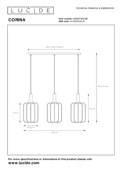 Lucide CORINA - Hanglamp - 3xE27 - Beige - technisch